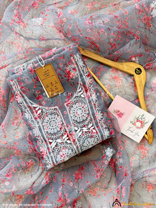 Grey Ahyana Un-stitched Printed Organza Chikankari Suit