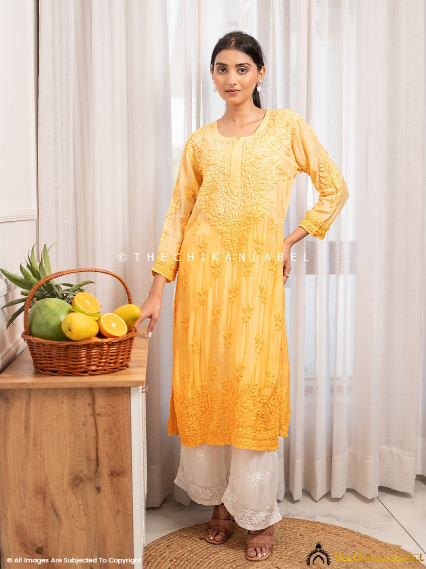 Yellow Asmeet Muslin Chikankari Straight Kurti