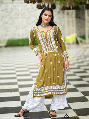 Mehndi Green Amara Muslin Chikankari Straight Kurti
