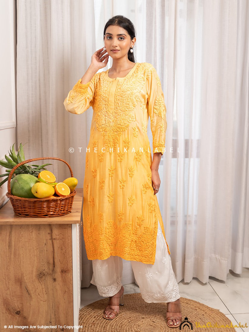 Yellow Asmeet Muslin Chikankari Straight Kurti