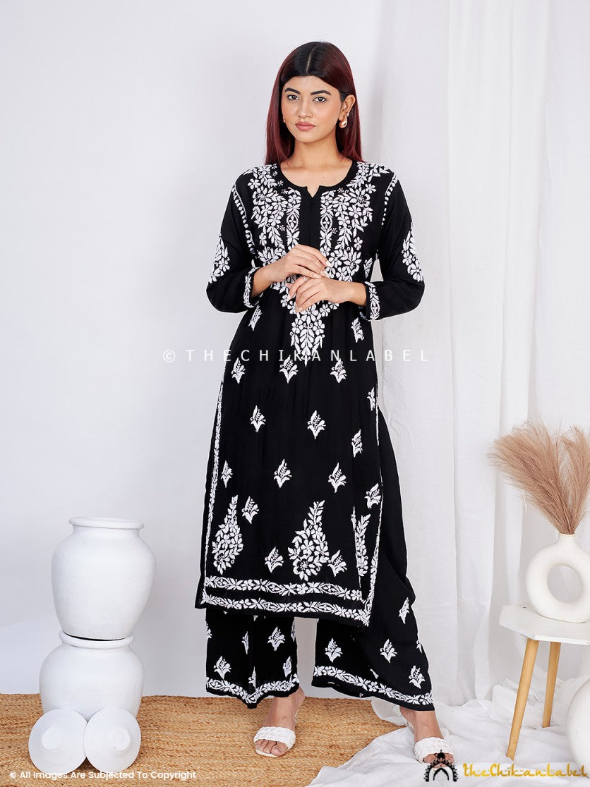 Black Aafna Modal Chikankari Kurta Palazzo Set