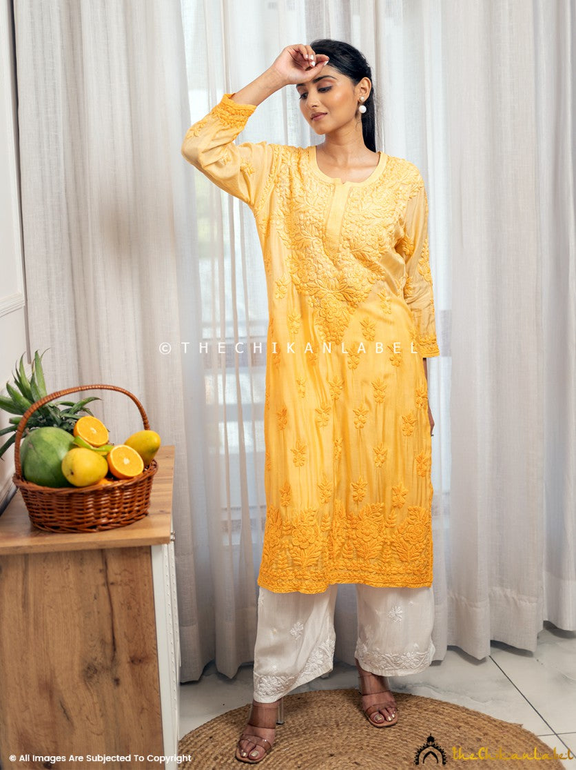 Yellow Asmeet Muslin Chikankari Straight Kurti