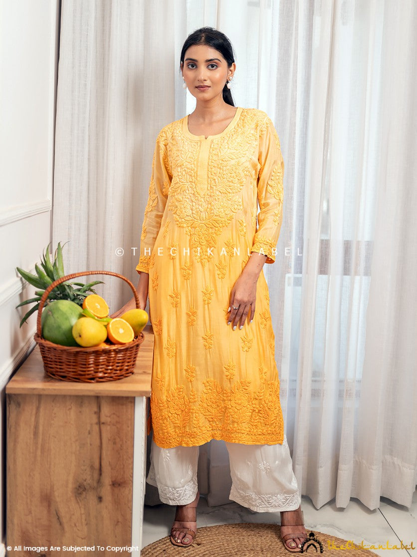 Yellow Asmeet Muslin Chikankari Straight Kurti