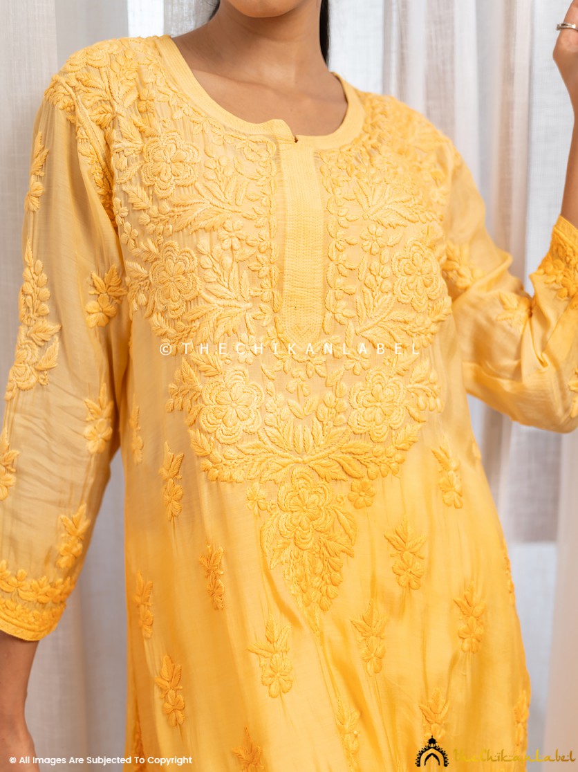 Yellow Asmeet Muslin Chikankari Straight Kurti