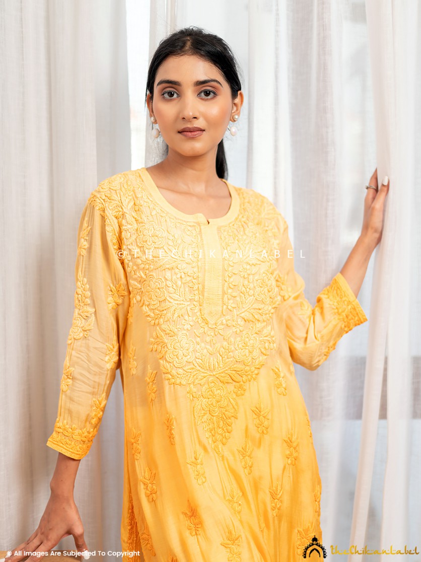 Yellow Asmeet Muslin Chikankari Straight Kurti