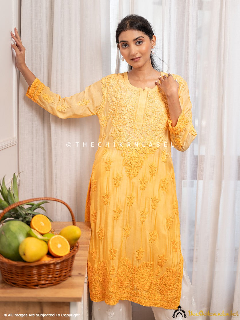 Yellow Asmeet Muslin Chikankari Straight Kurti