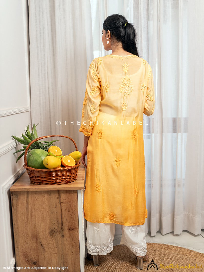 Yellow Asmeet Muslin Chikankari Straight Kurti