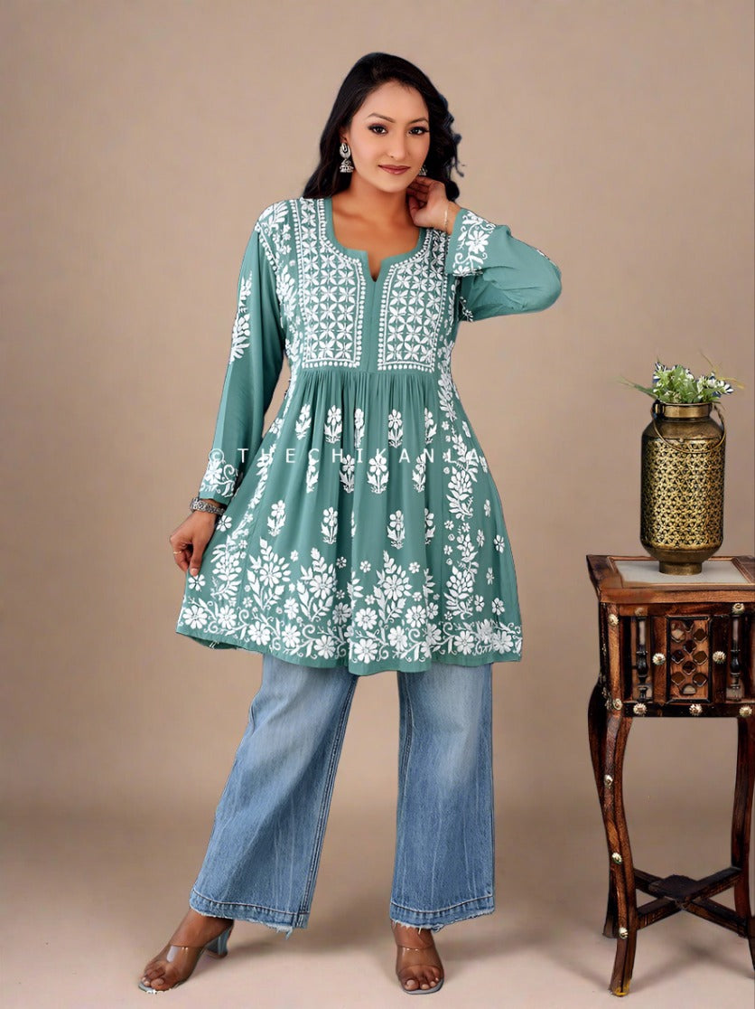 Green Samma Modal Chikankari Short Kurta , Chikankari Short Kurta in Modal Fabric For Woman