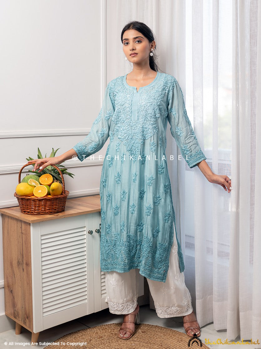 Green Asmeet Muslin Chikankari Straight Kurti