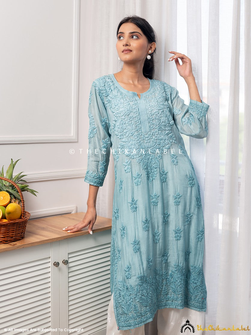 Green Asmeet Muslin Chikankari Straight Kurti