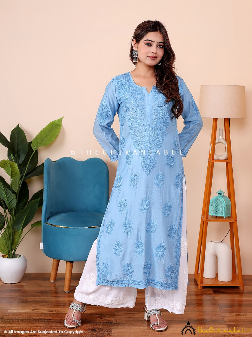 Blue Rahima Chanderi Chikankari Straight Kurti