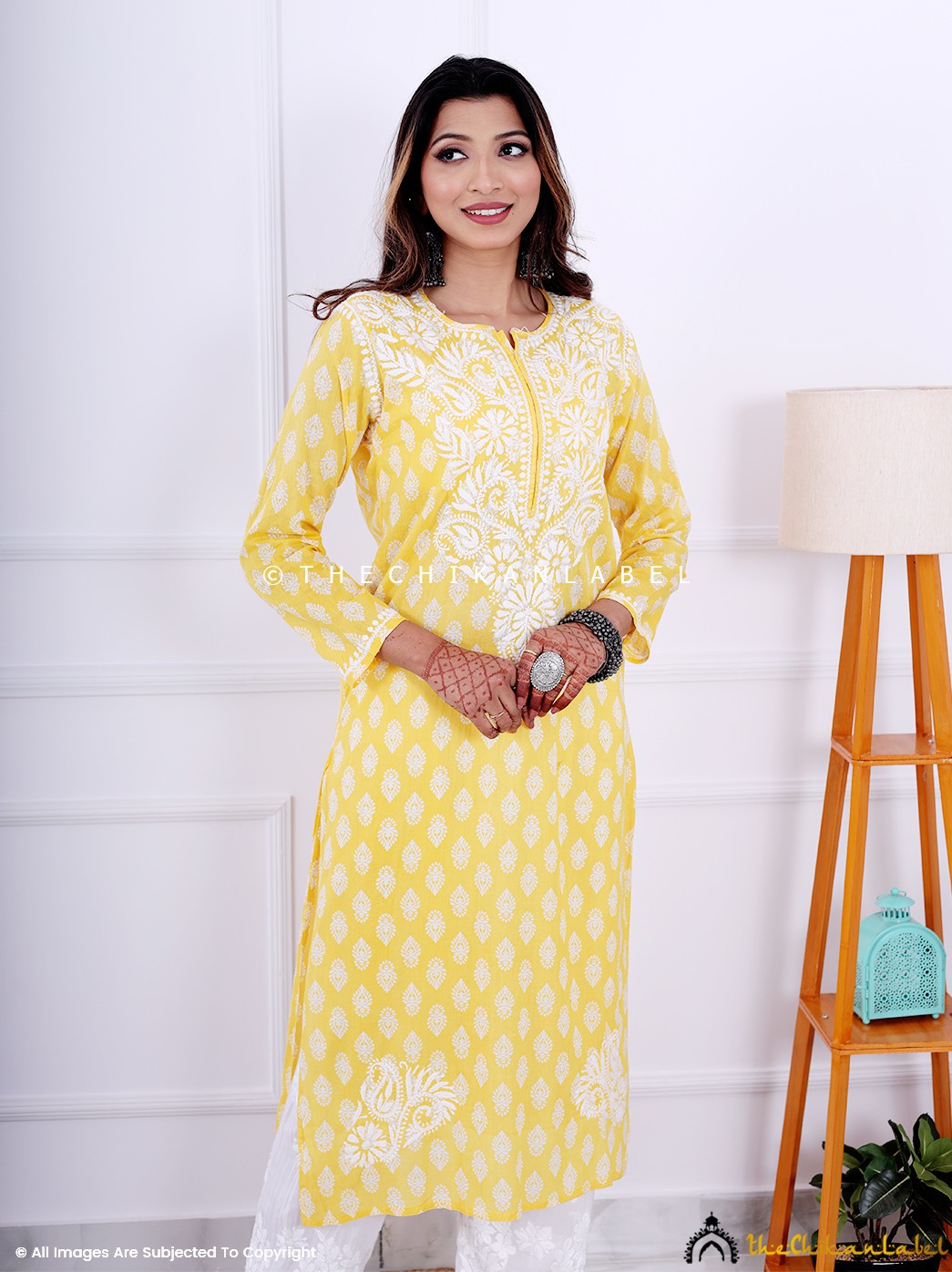 Yellow Cotton Chikankari Straight Kurti