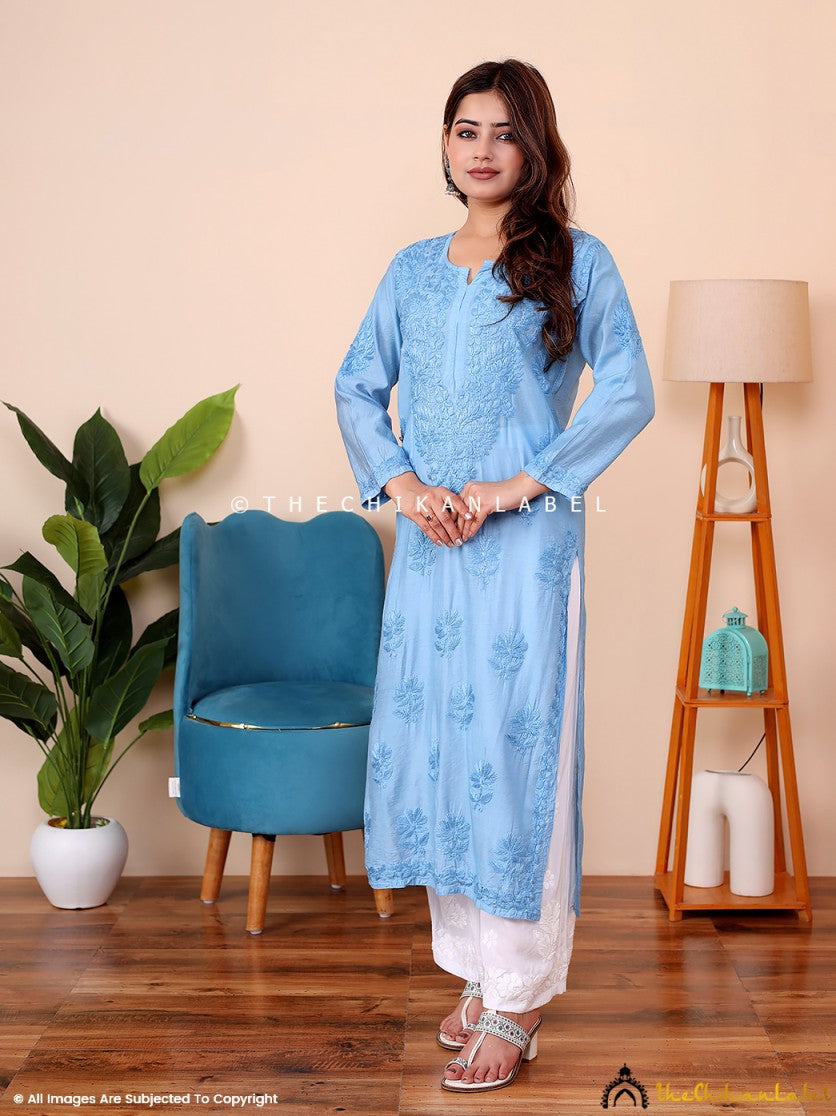 Blue Rahima Chanderi Chikankari Straight Kurti