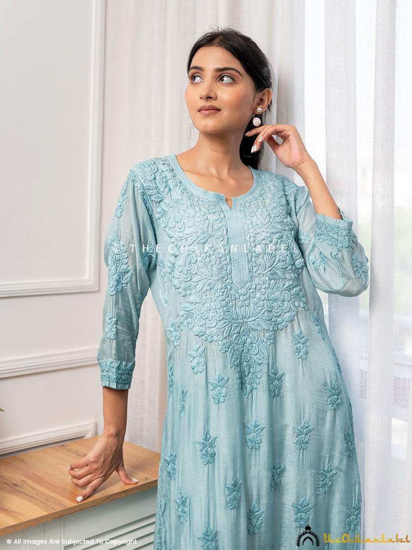 Green Asmeet Muslin Chikankari Straight Kurti