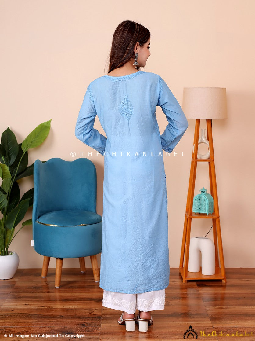 Blue Rahima Chanderi Chikankari Straight Kurti