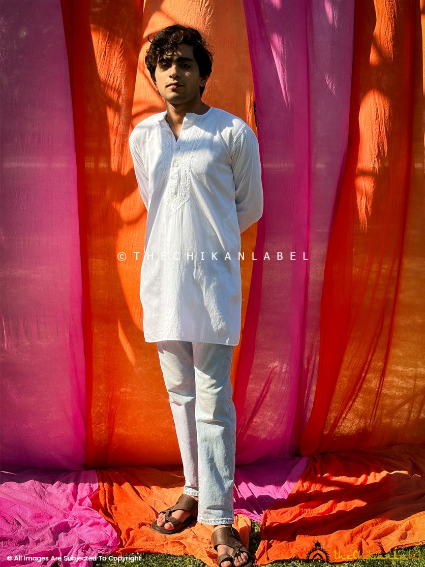 White Cotton Chikankari Men's Kurta ,Chikankari Men's Kurta in Cotton Fabric For Men