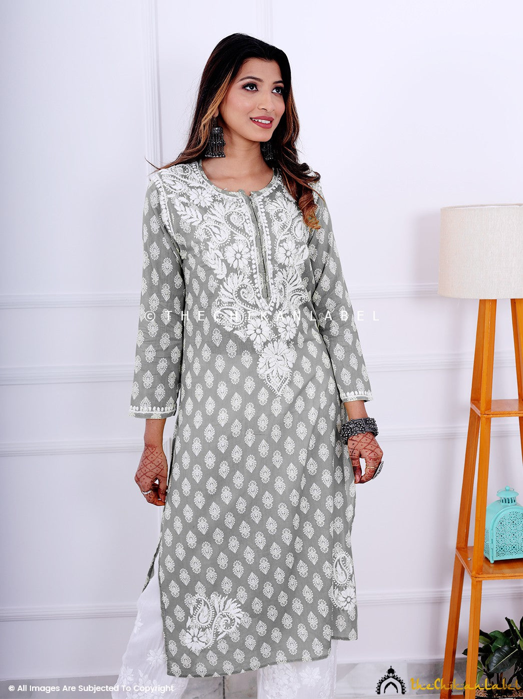 Grey Cotton Chikankari Straight Kurti