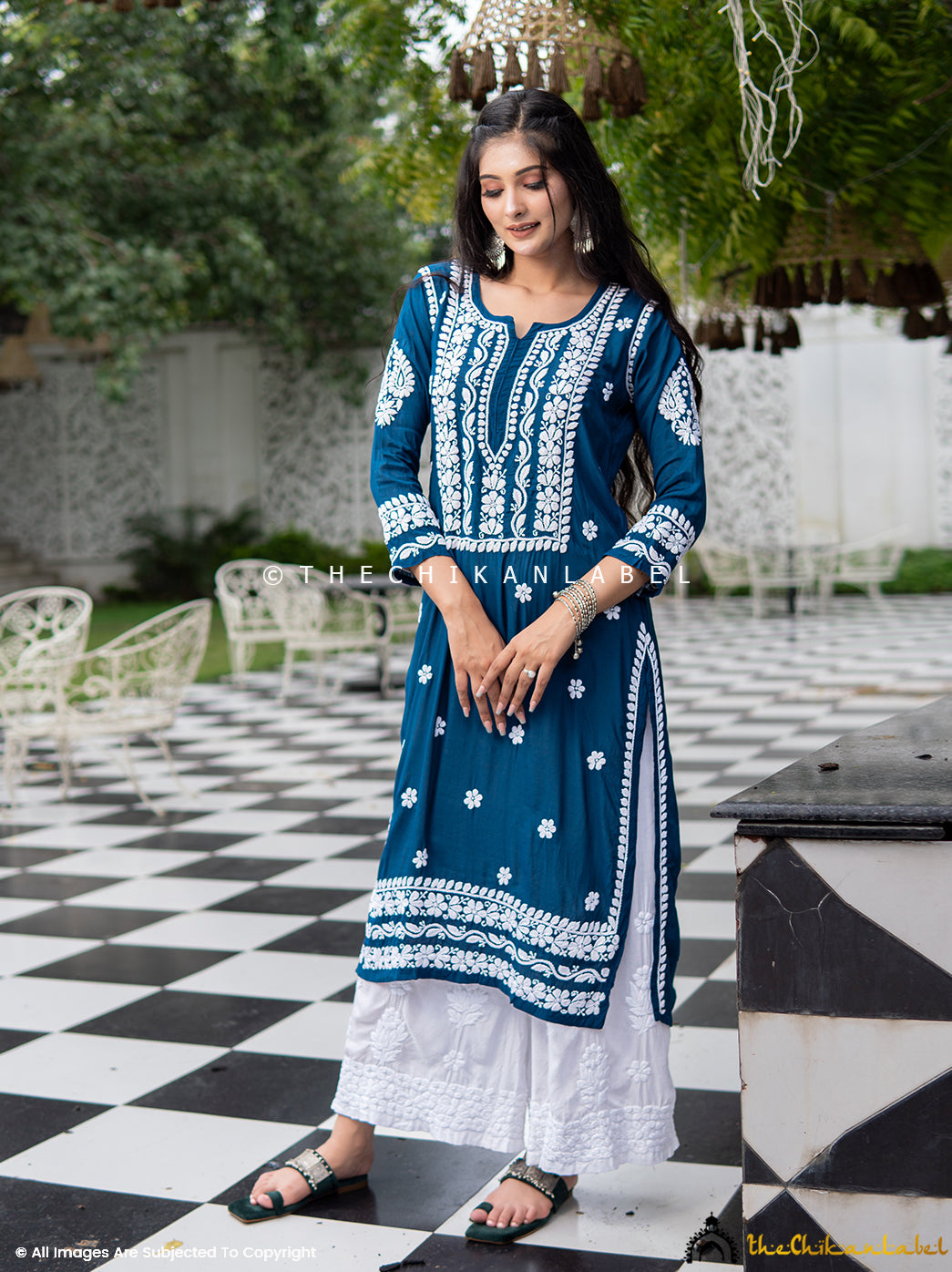 Blue Chikankari Straight Kurti in Muslin Fabric for Women, Buy Lucknow Chikankari Straight Kurtis Online at Best Prices 4