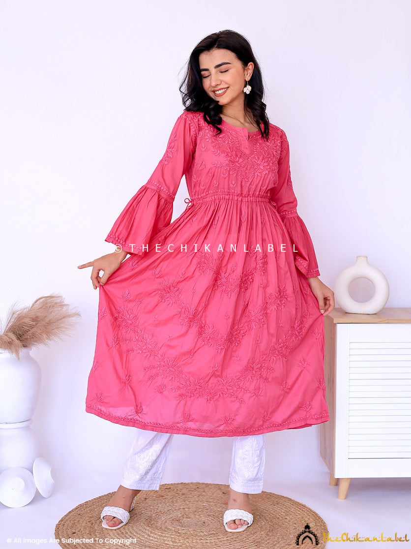 Pink Nisa Mulmul Chikankari A-Line Kurti