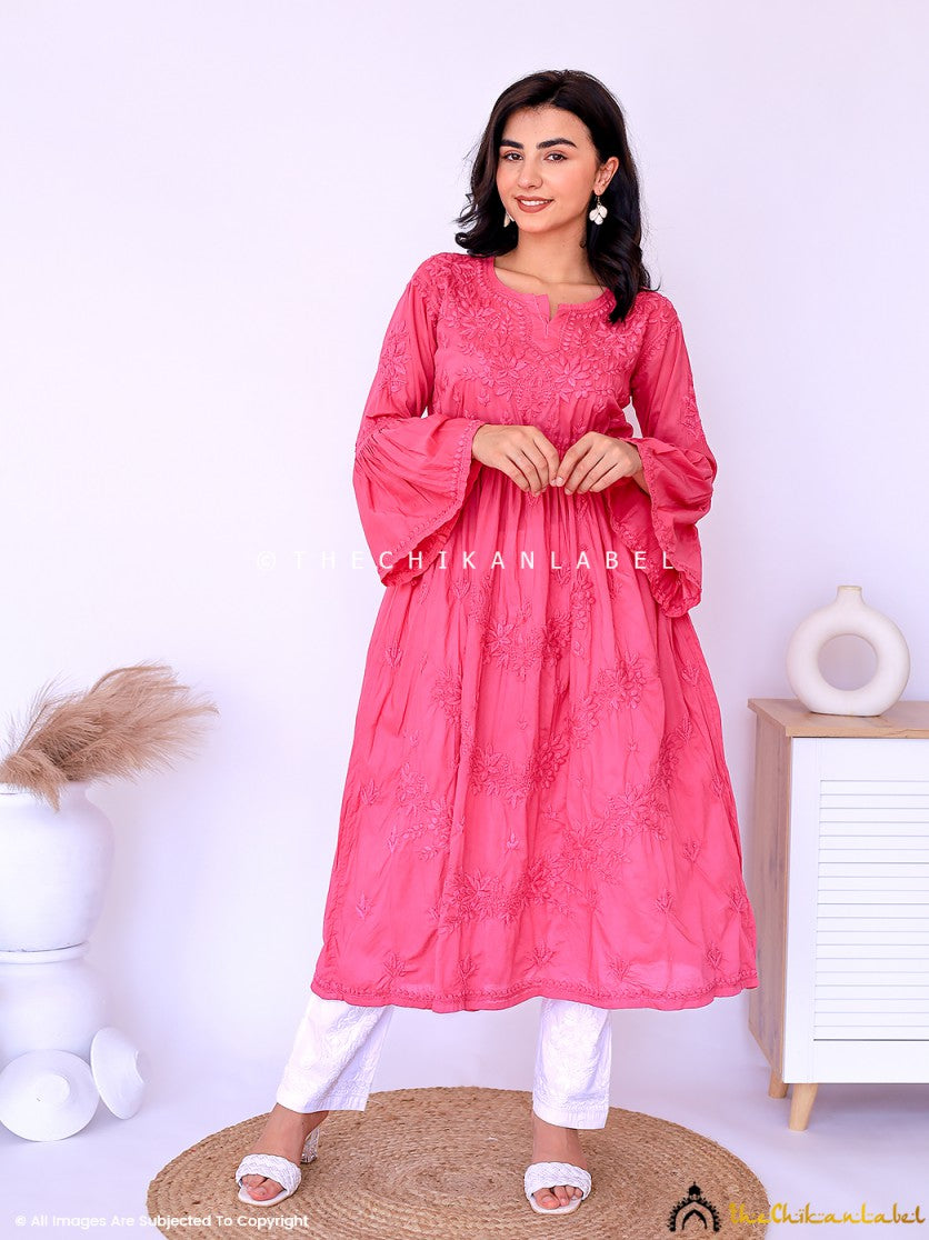 Pink Nisa Mulmul Chikankari A-Line Kurti