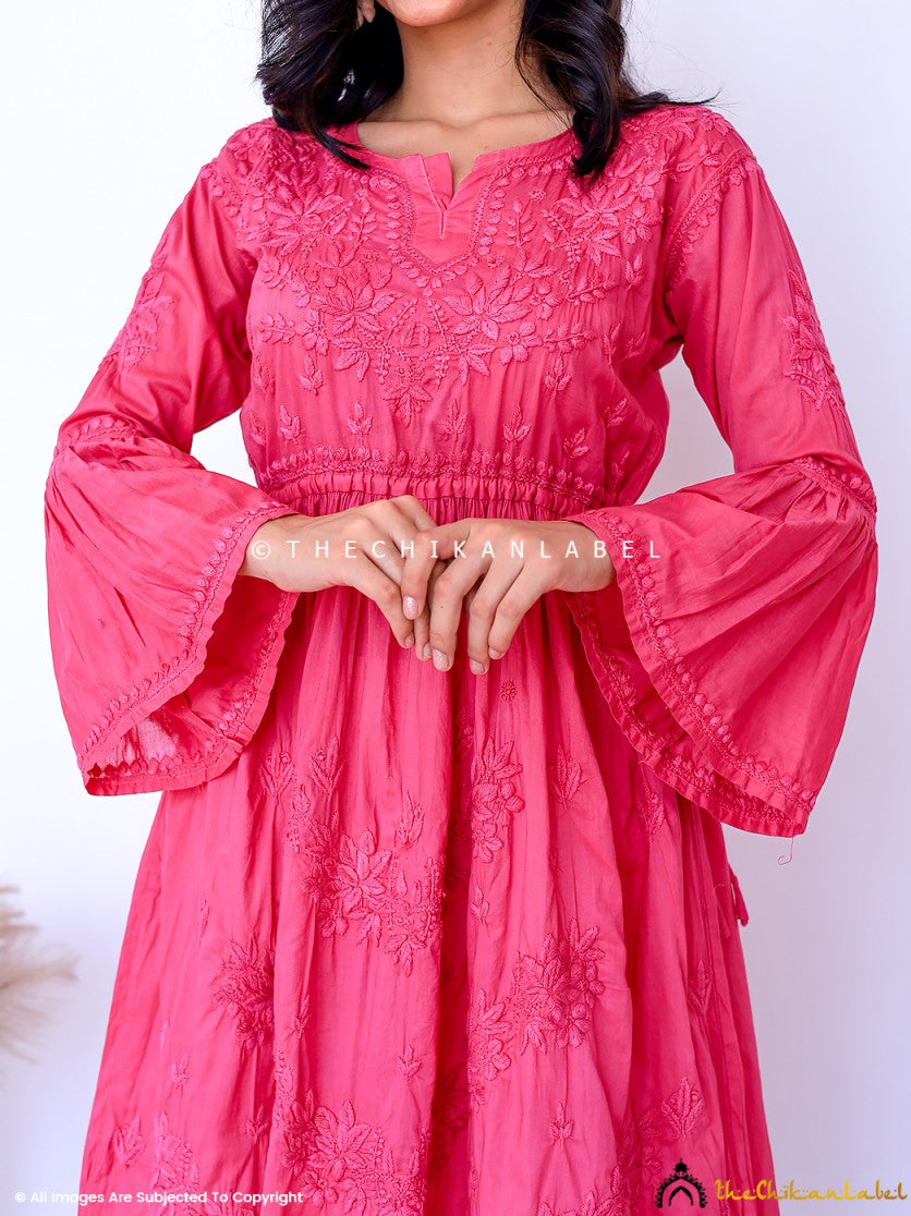 Pink Nisa Mulmul Chikankari A-Line Kurti