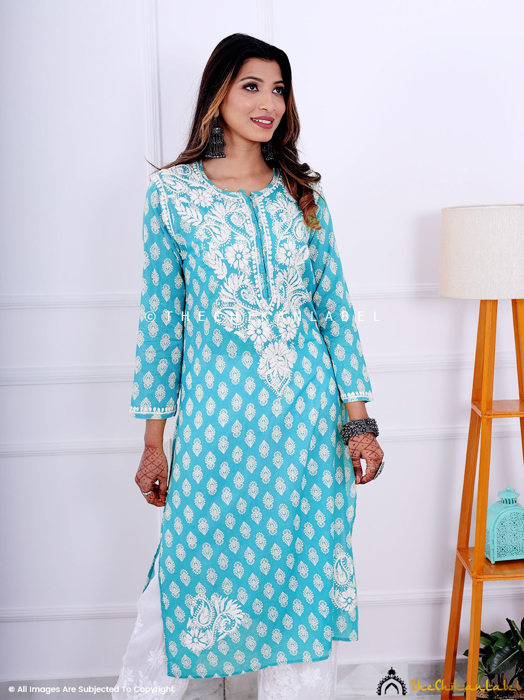 Sky Blue Cotton Chikankari Straight Kurti