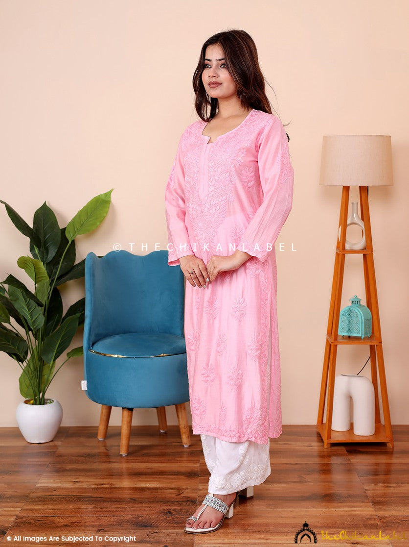 Baby Pink Rahima Chanderi Chikankari Straight Kurti