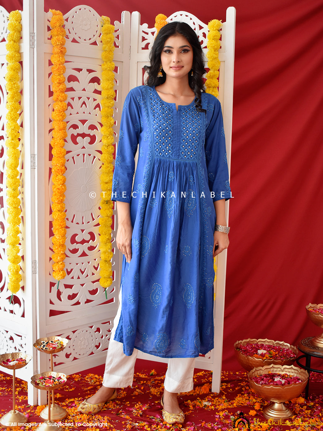 Blue Rooh Chanderi Chikankari A-Line Kurti ,Chikankari A-Line Kurti in Chanderi fabric for woman