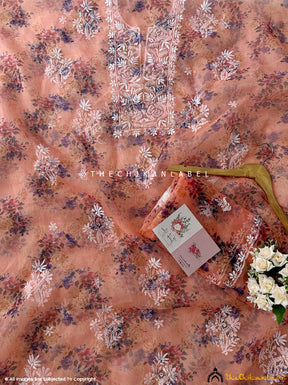 Peach Ahyana Un-stitched Printed Organza Chikankari Suit