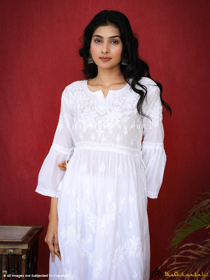 White Nisa Mulmul Chikankari A-Line Kurti ,Chikankari A-Line Kurti in Mulmul Fabric For Woman