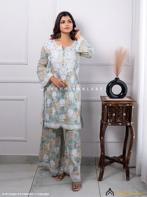 Blue Tarz Mulmul Cotton Chikankari Kurti Garara Set