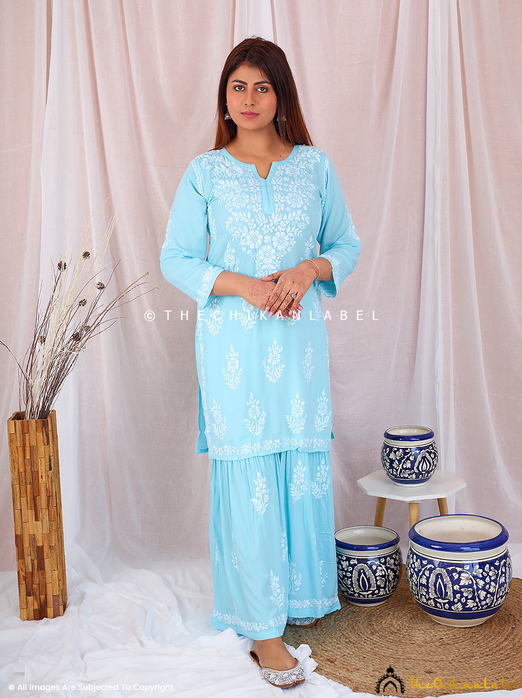 Sky Blue Sun Modal Chikankari Kurta Garara Set ,Chikankari Kurta Garara Set in Modal fabric For Woman