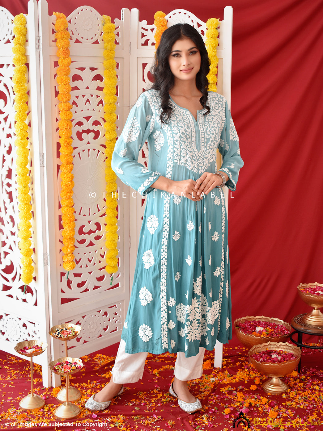 Turquoise Nabiha Crepe A-Line Chikankari Kurti , Chikankari Kurti in Crepe Fabric For Woman