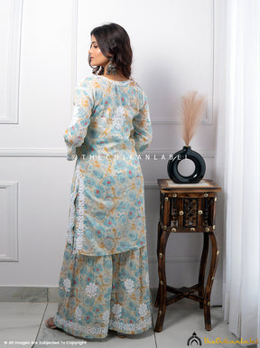 Blue Tarz Mulmul Cotton Chikankari Kurti Garara Set