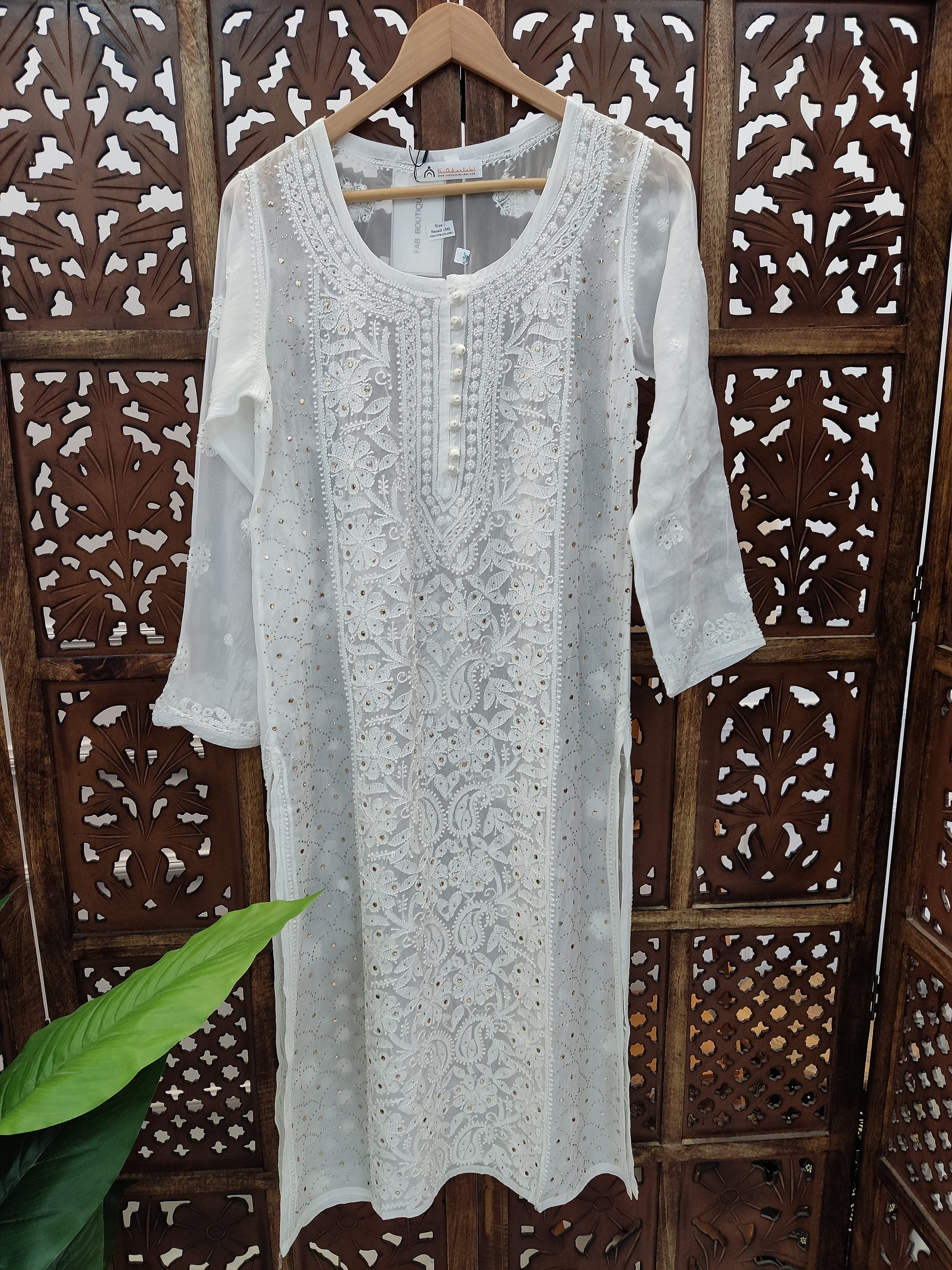 White Viscose Mukaish Chikankari Straight Kurti