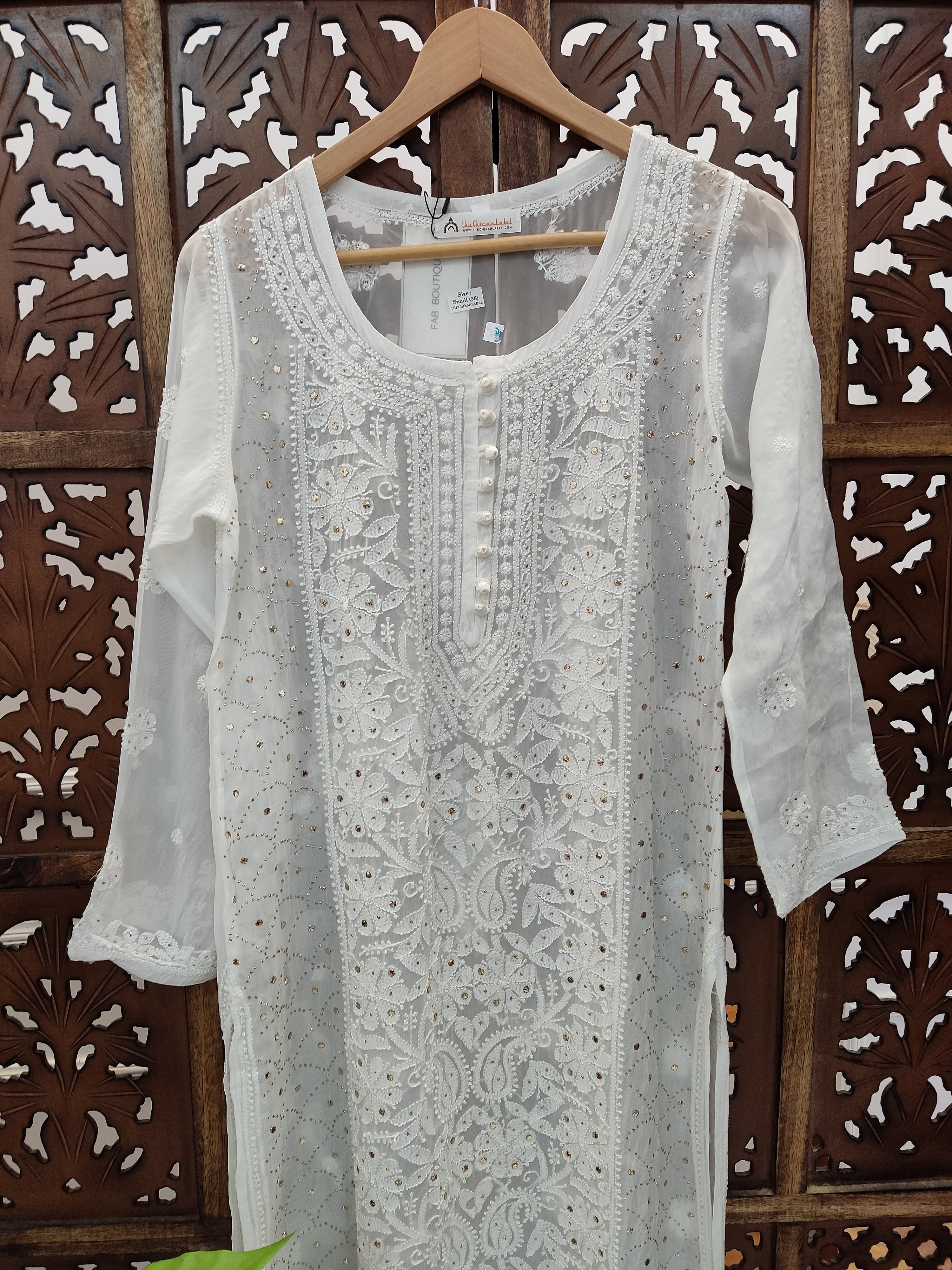 White Viscose Mukaish Chikankari Straight Kurti