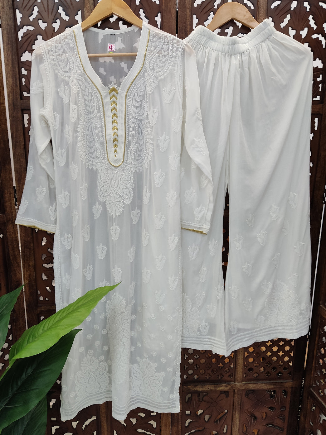 White Viscose Chikankari Straight Kurti Palazzo Set