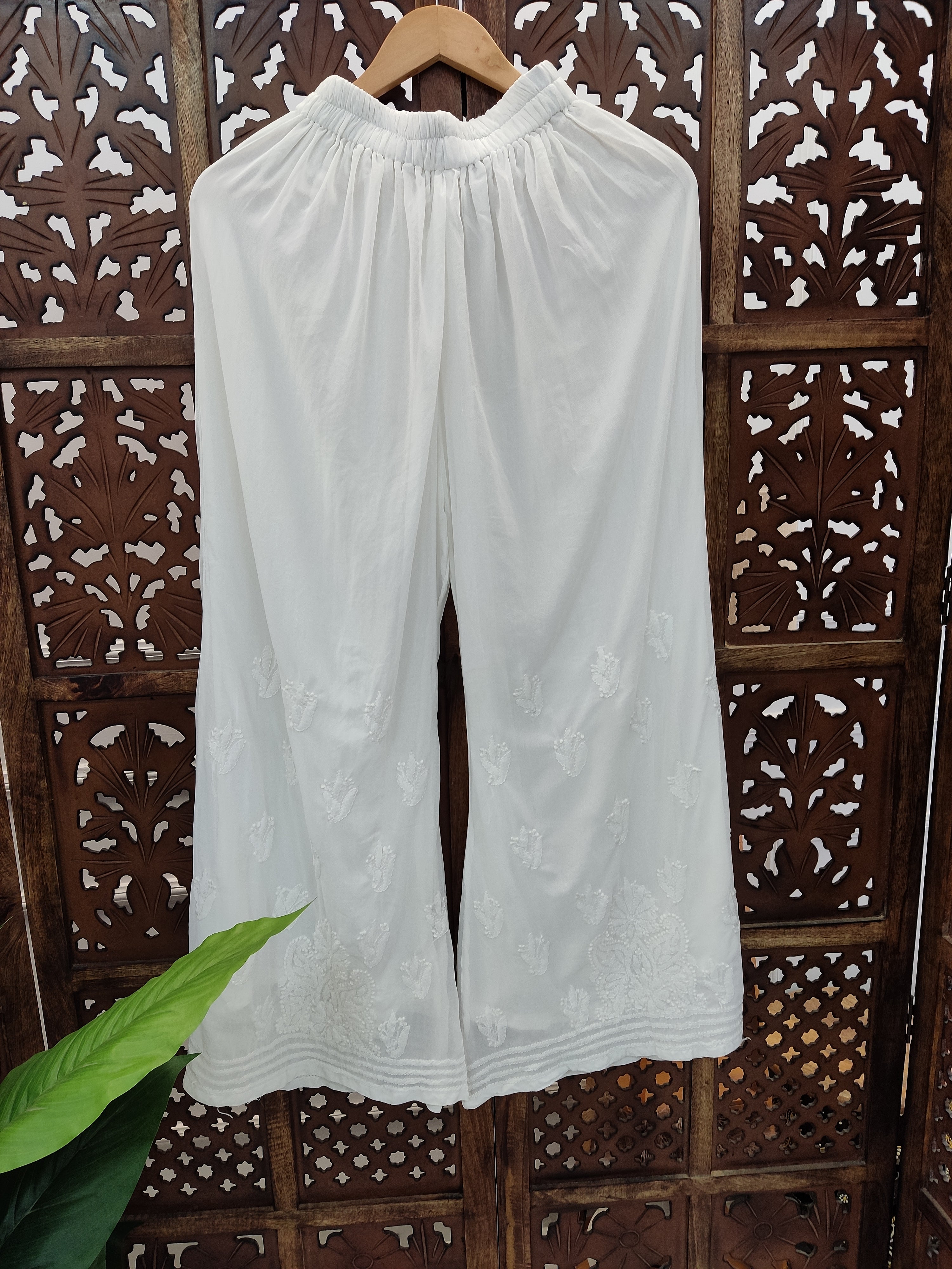 White Viscose Chikankari Straight Kurti Palazzo Set