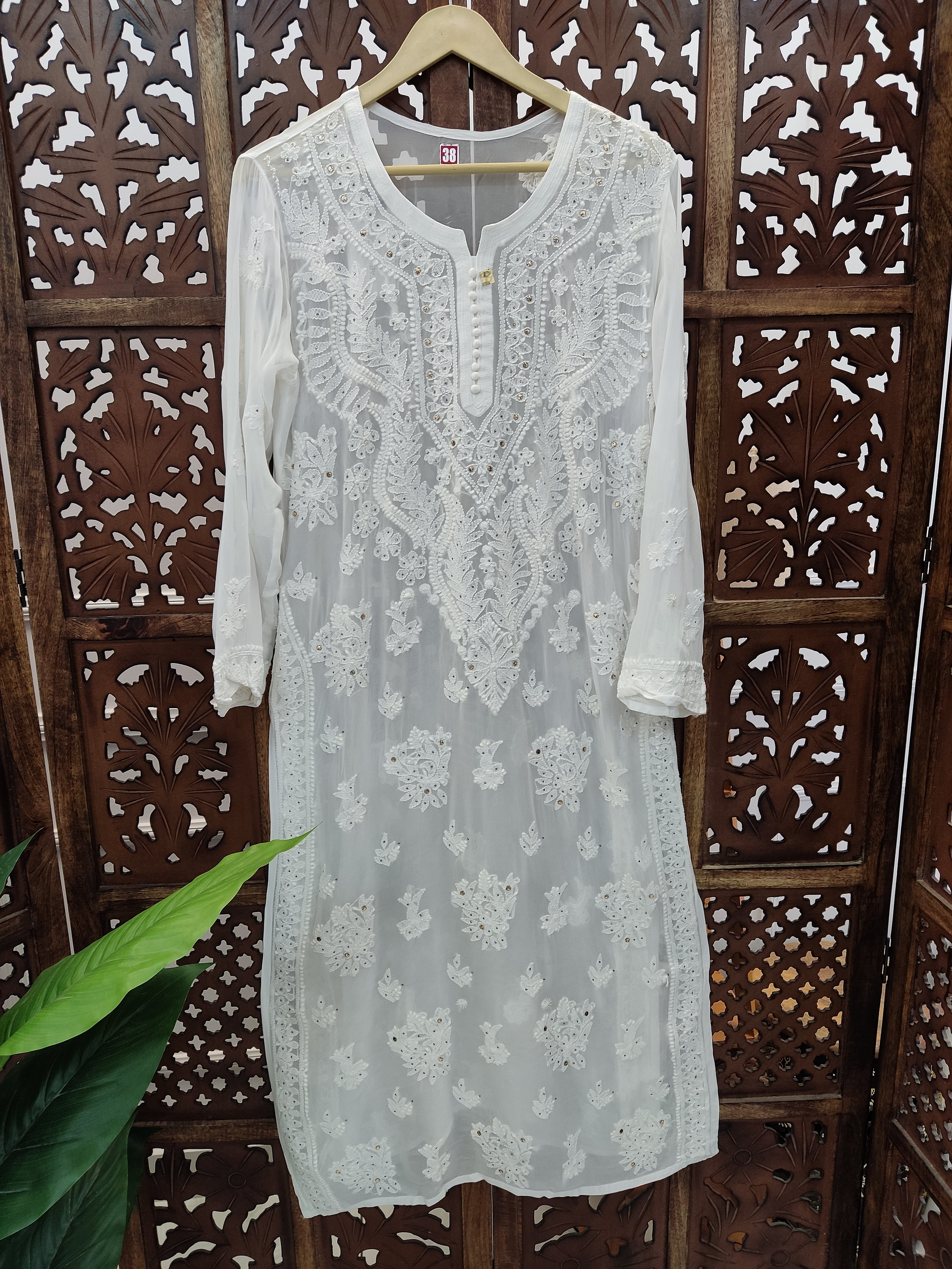 White Viscose Mukaish Chikankari Straight Kurti