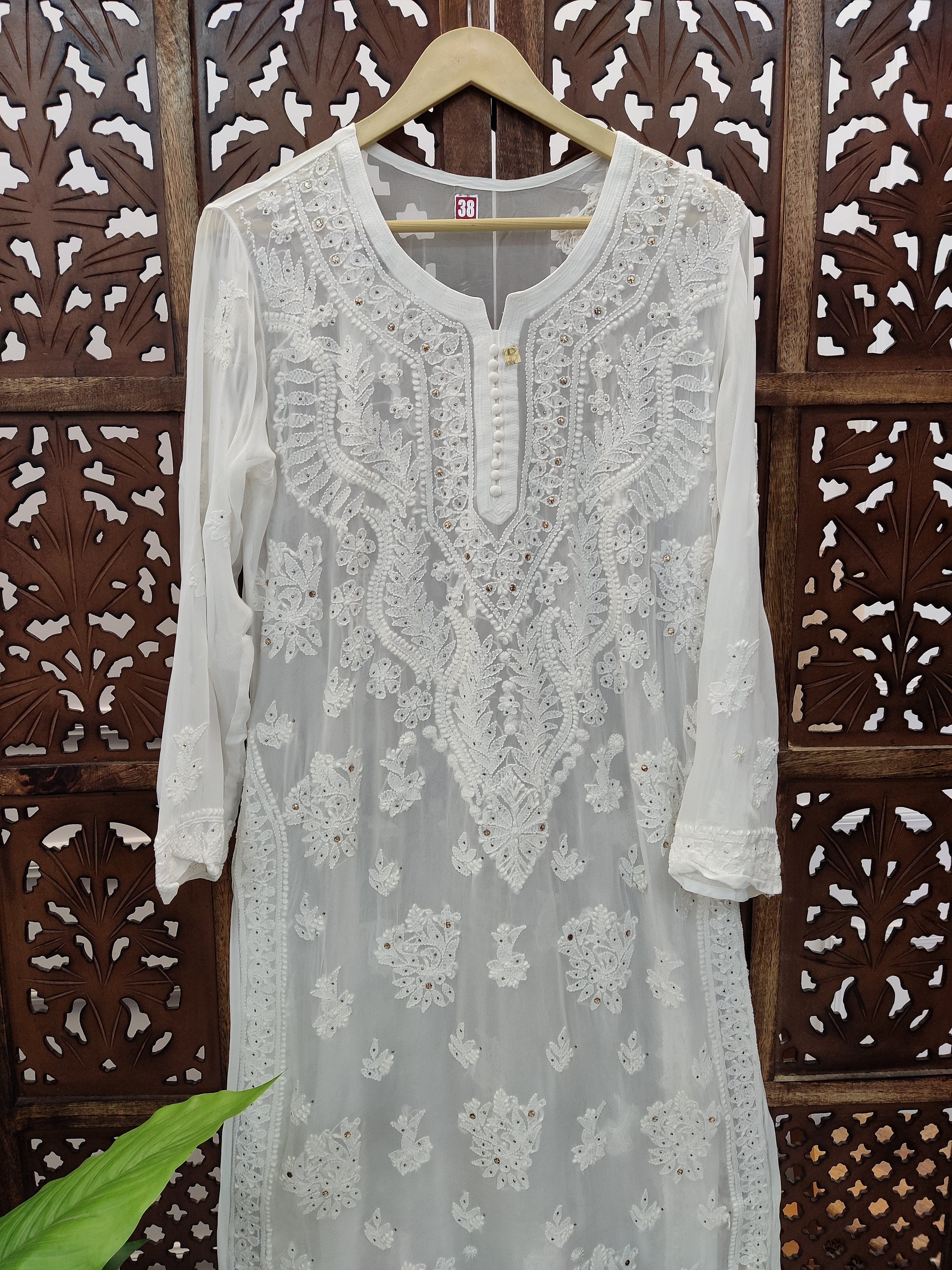 White Viscose Mukaish Chikankari Straight Kurti