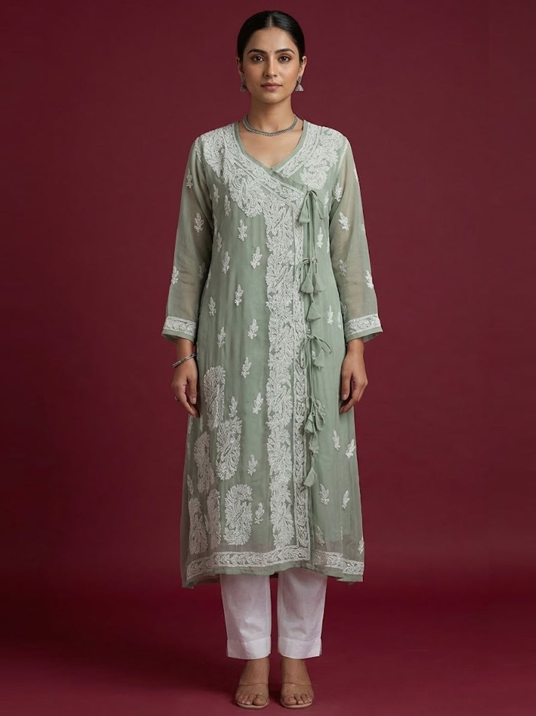 Grey Georgette Chikankari Angarkha Kurti