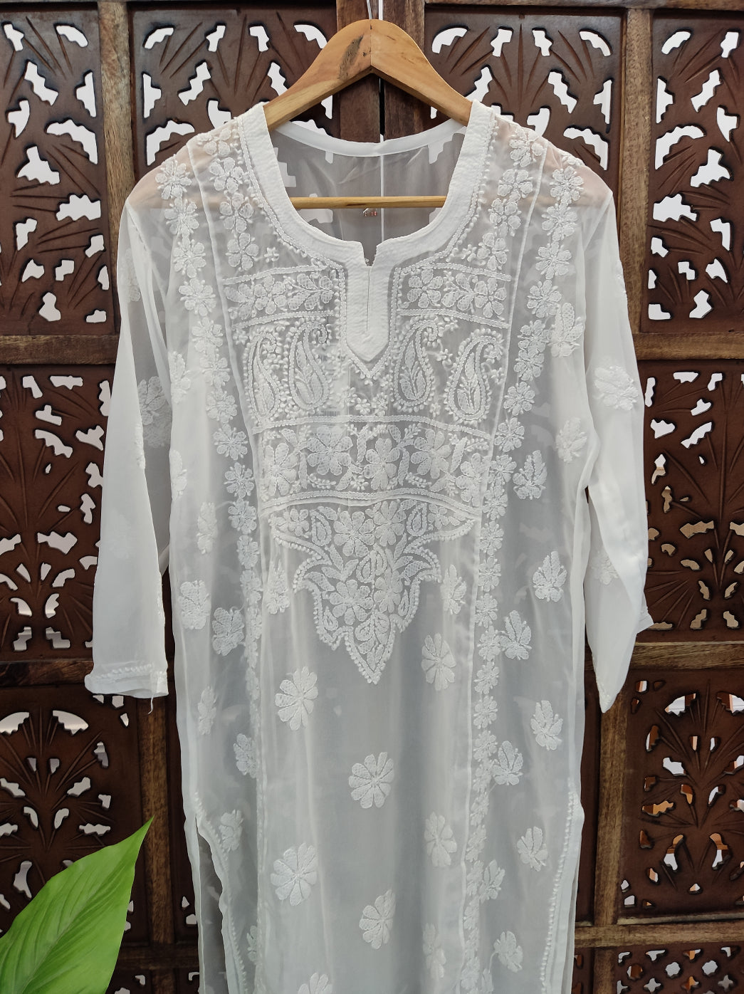 White Georgette Chikankari Straight Kurti