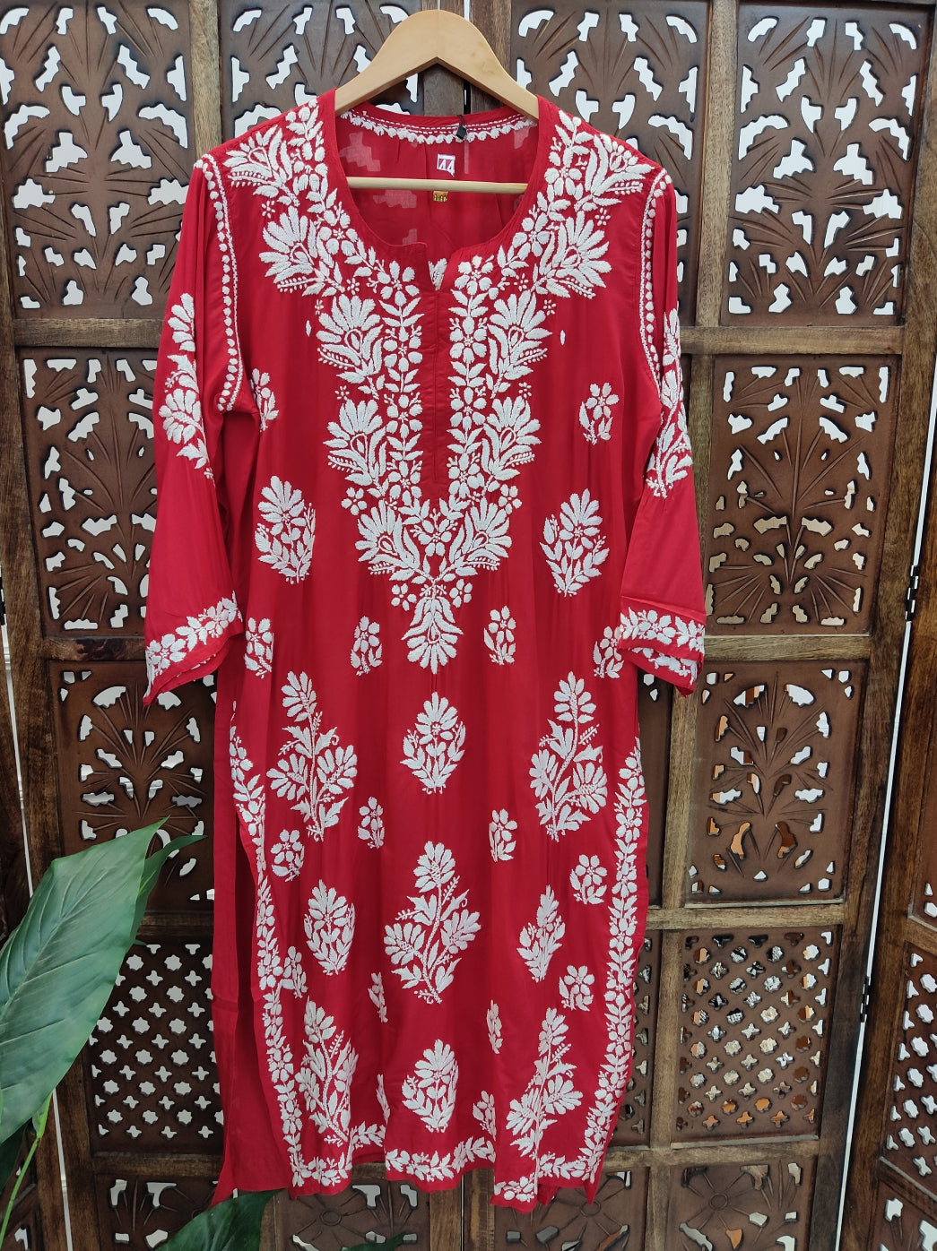 Red Modal Chikankari Straight Kurti