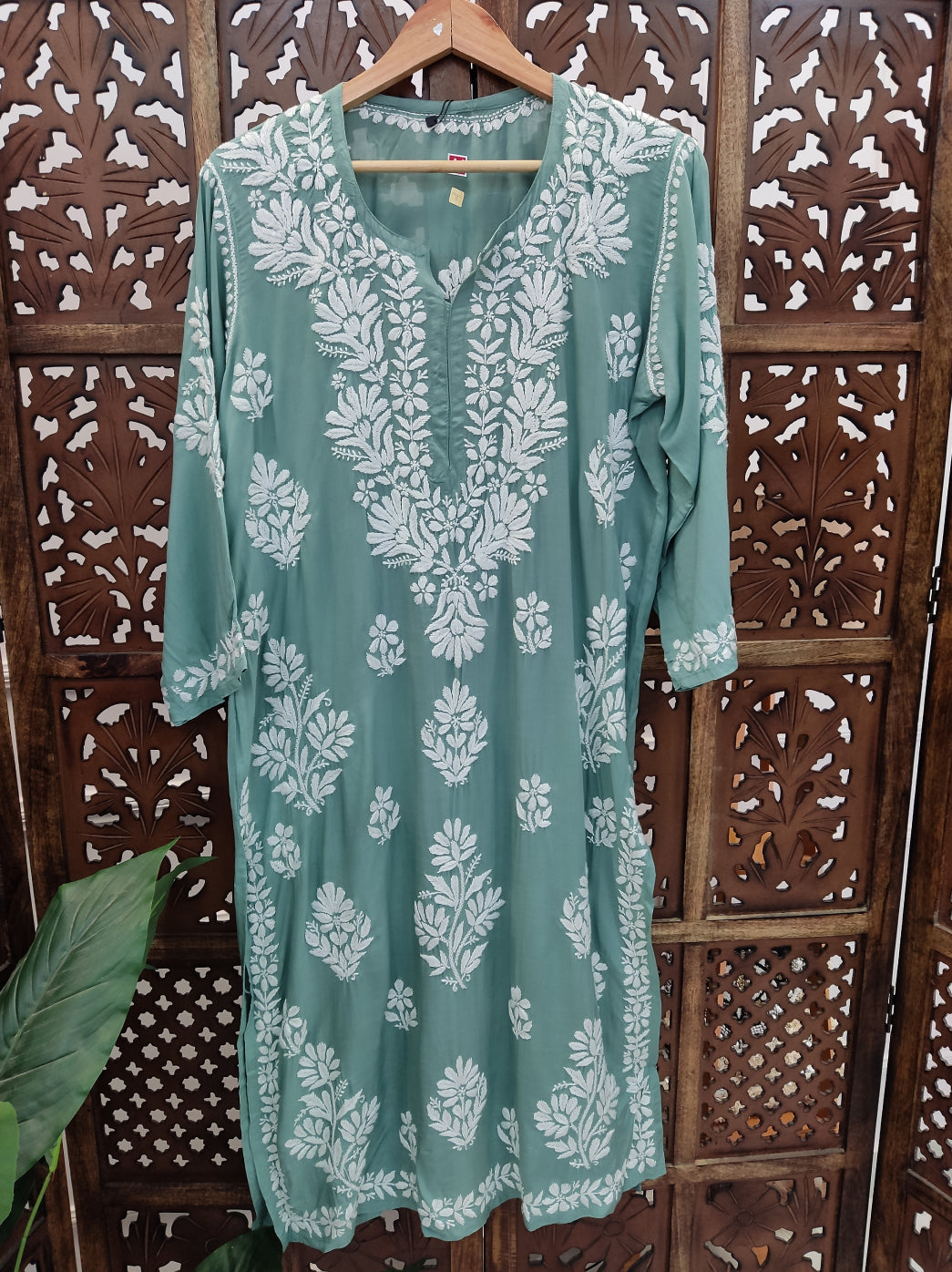 Green Modal Chikankari Straight Kurti