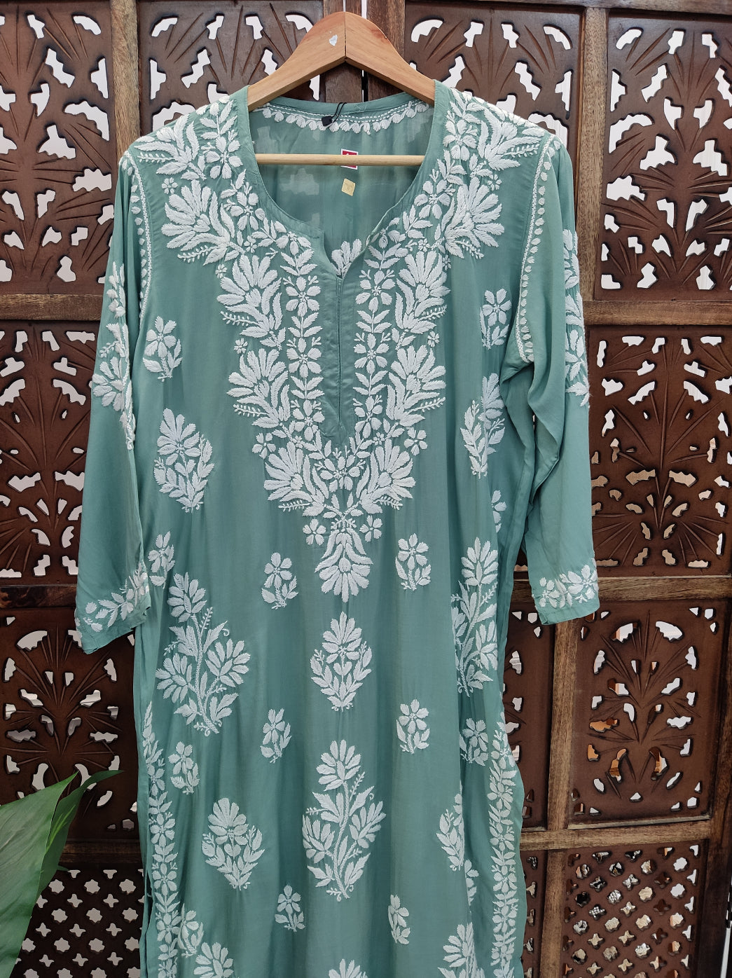 Green Modal Chikankari Straight Kurti