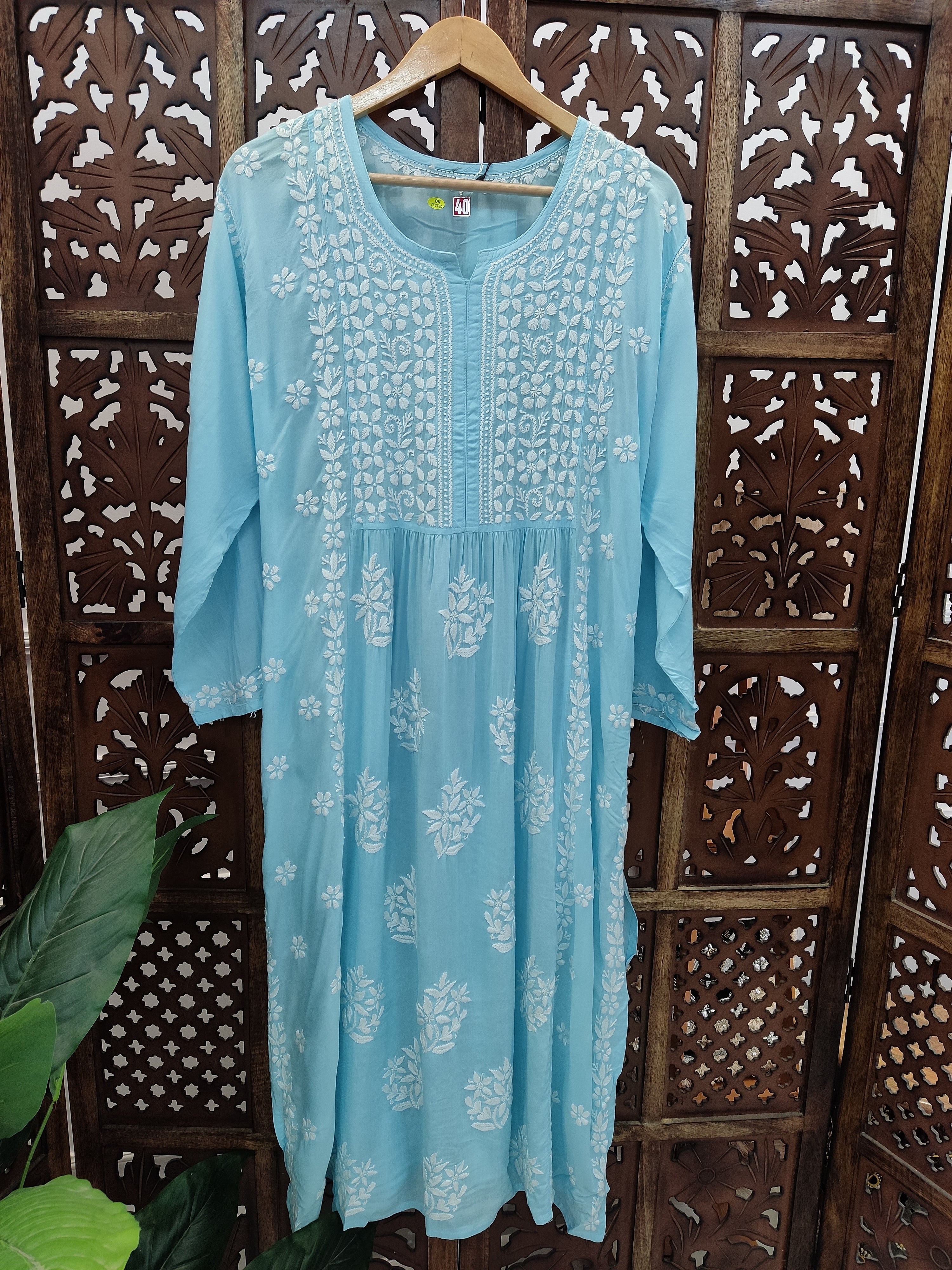 Sky Blue Modal Chikankari A-Line  Kurti
