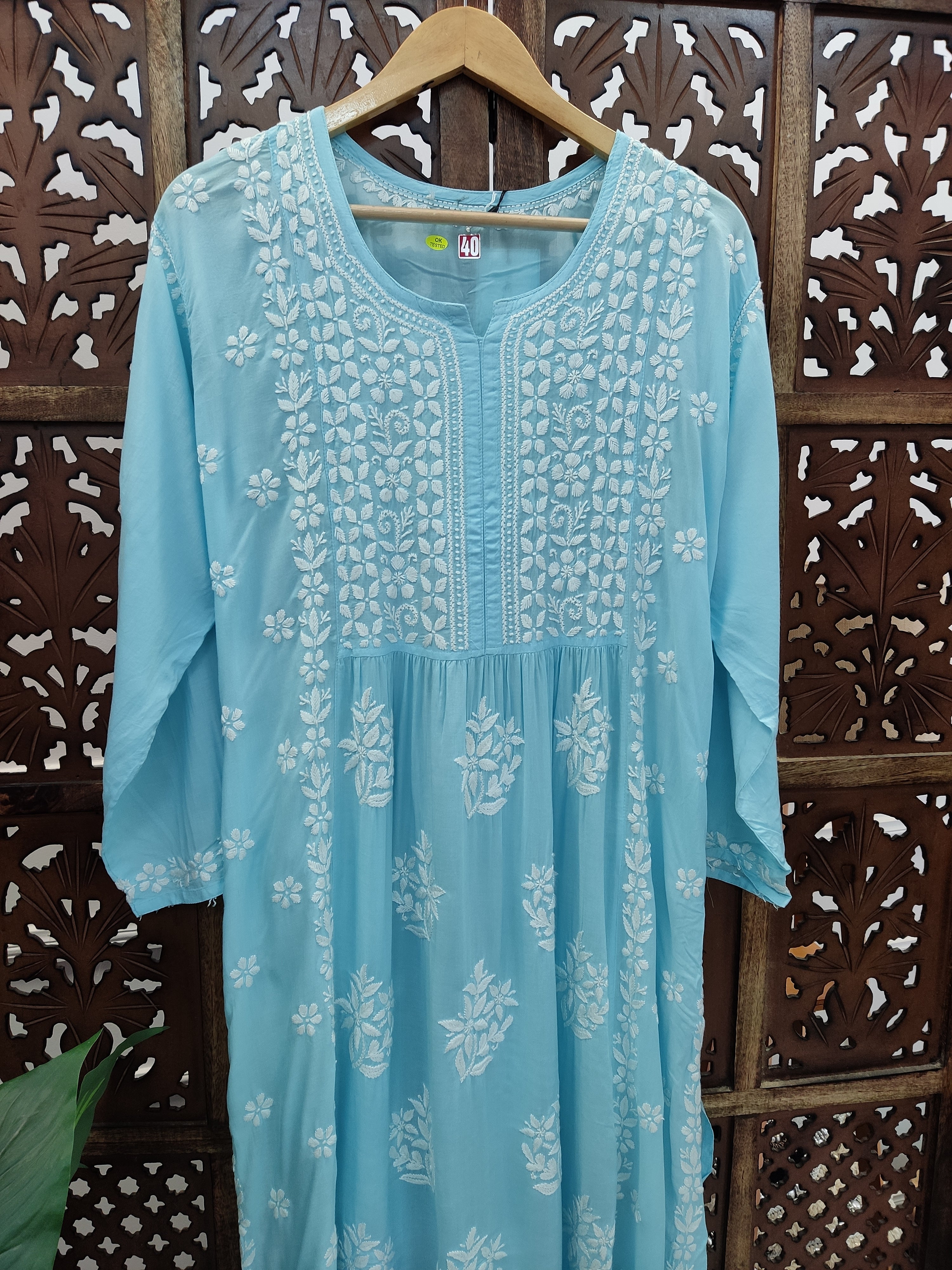 Sky Blue Modal Chikankari A-Line  Kurti