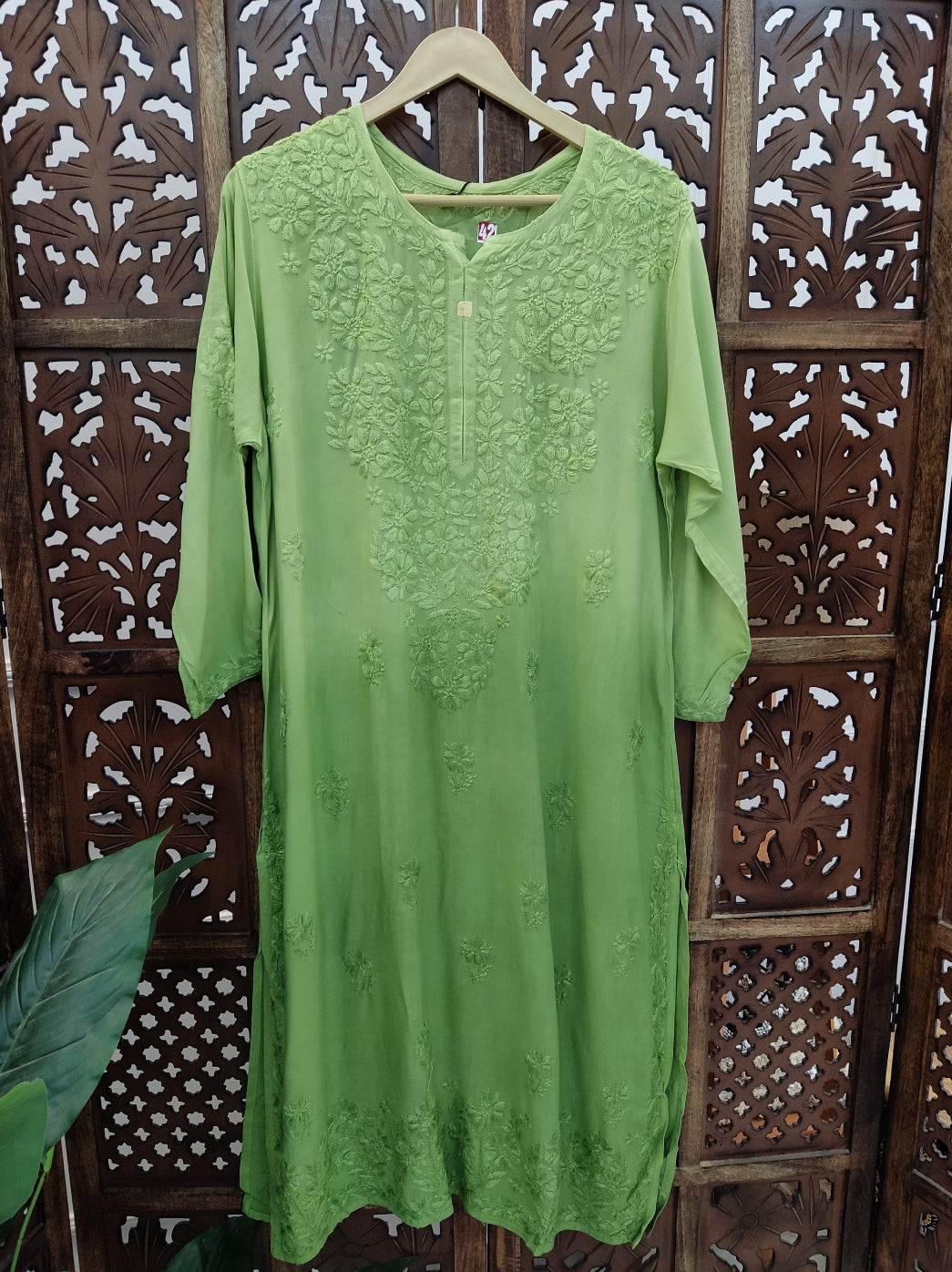 Pista Green Modal Chikankari Straight Kurti