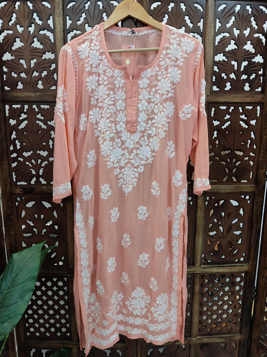 Peach Modal Chikankari Straight Kurti