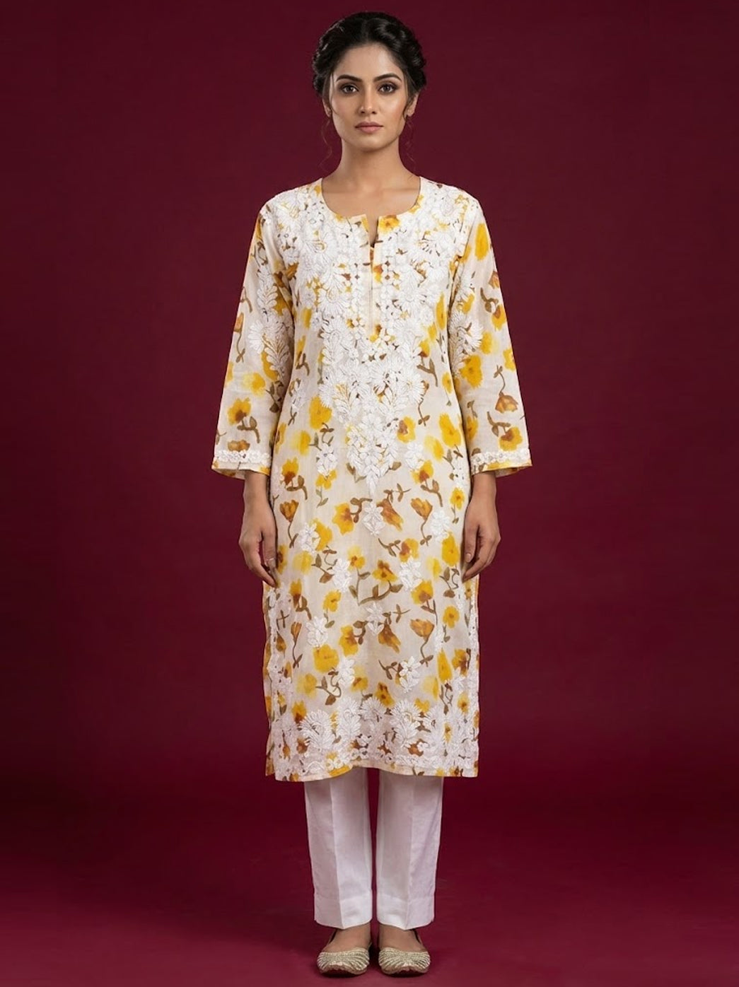 Yellow Mulmul Printed Chikankari Straight Kurti